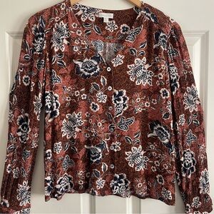 Garnet Hill Rust and Navy Floral Blouse Long Sleeve V Neck
